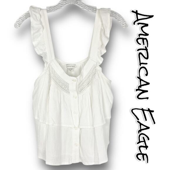 American Eagle Outfitters Tops - American Eagle Flutter Sleeve Button Up Blouse Cropped Ruffle Womens Size XS